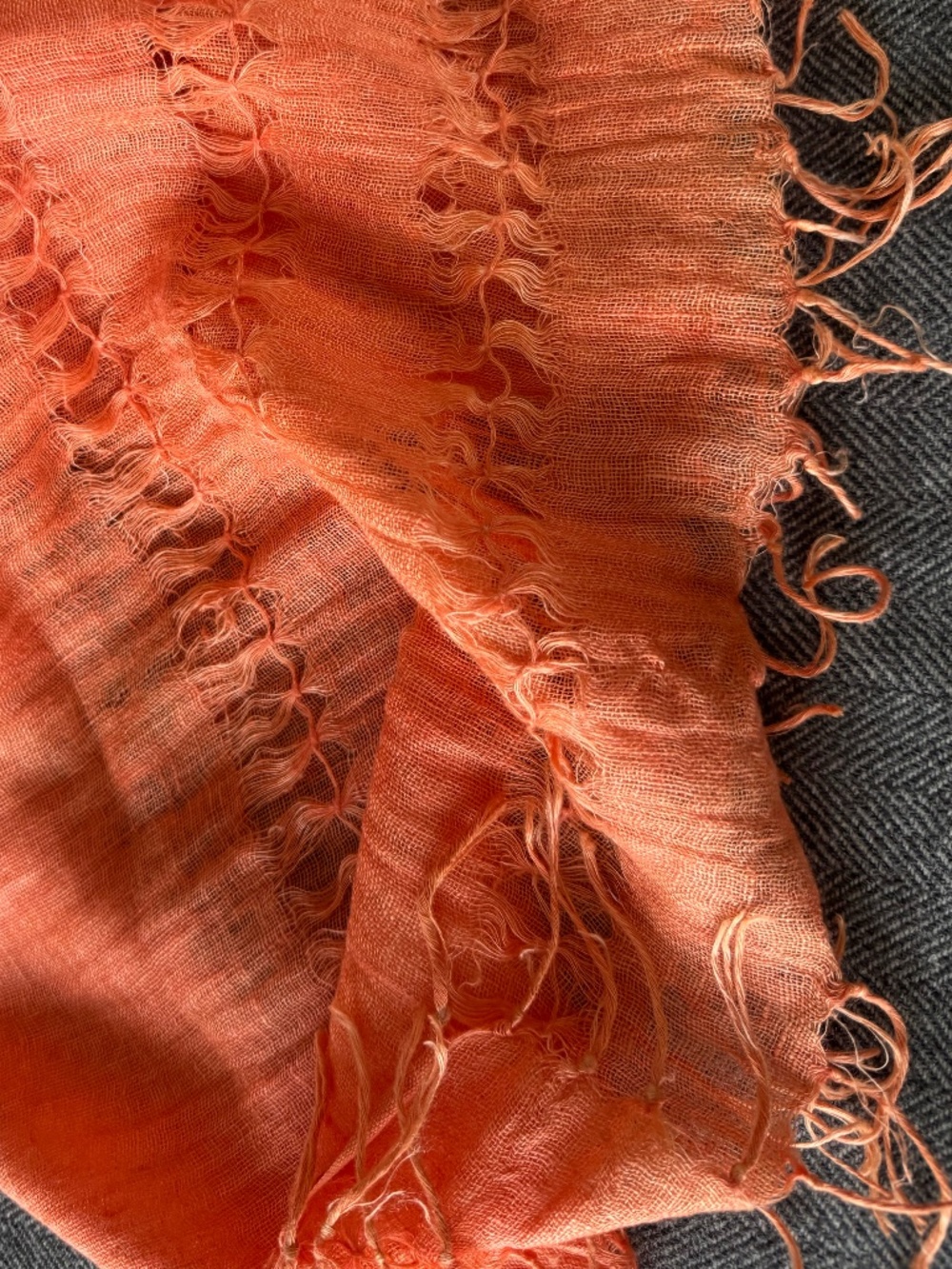 ITALIAN ORANGE LINEN SCARF WITH FRINGE EDGE AND INTRICATE WOVEN DETAILS ON ENDS